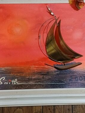 Smith 3D Brass & Wooden Sailboat Wall Art - Orange and Gold Sunset Home Art